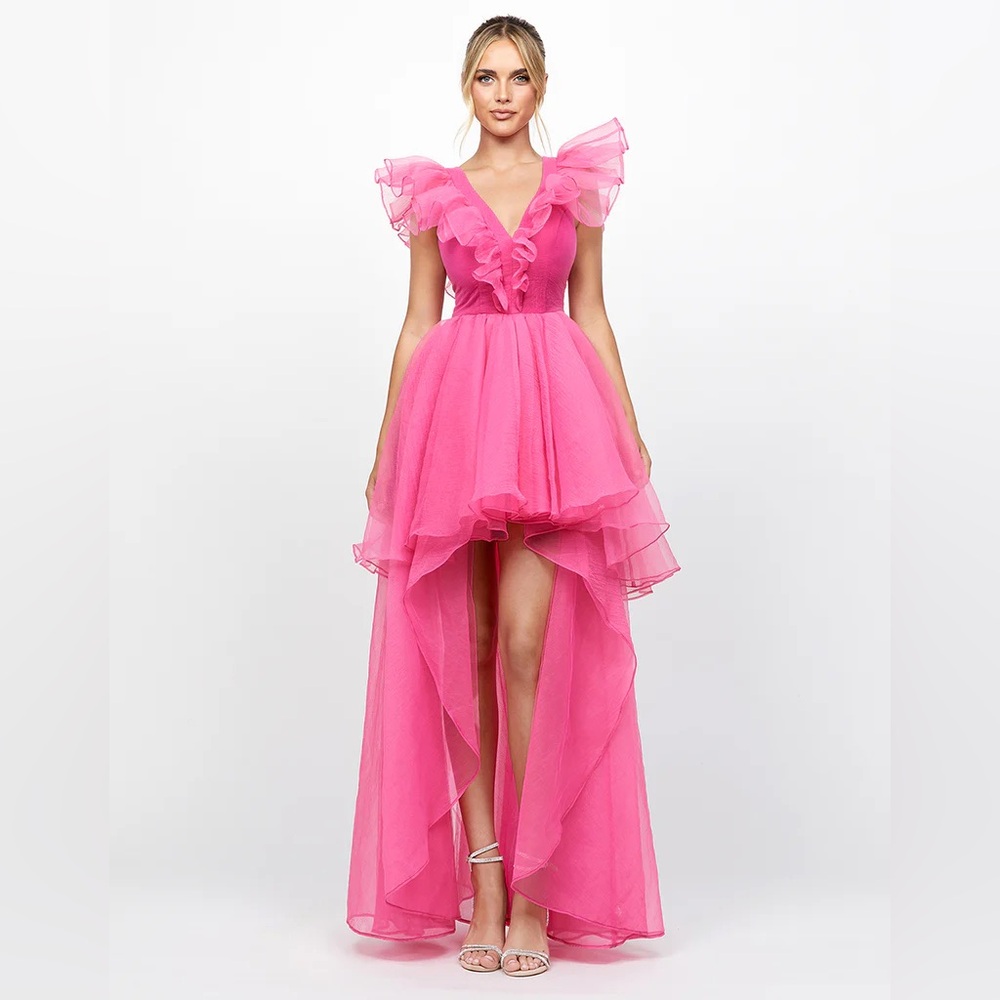 Bariano MARINA V‎ NECK RUFFLE HI LO GOWN US 6 NWT